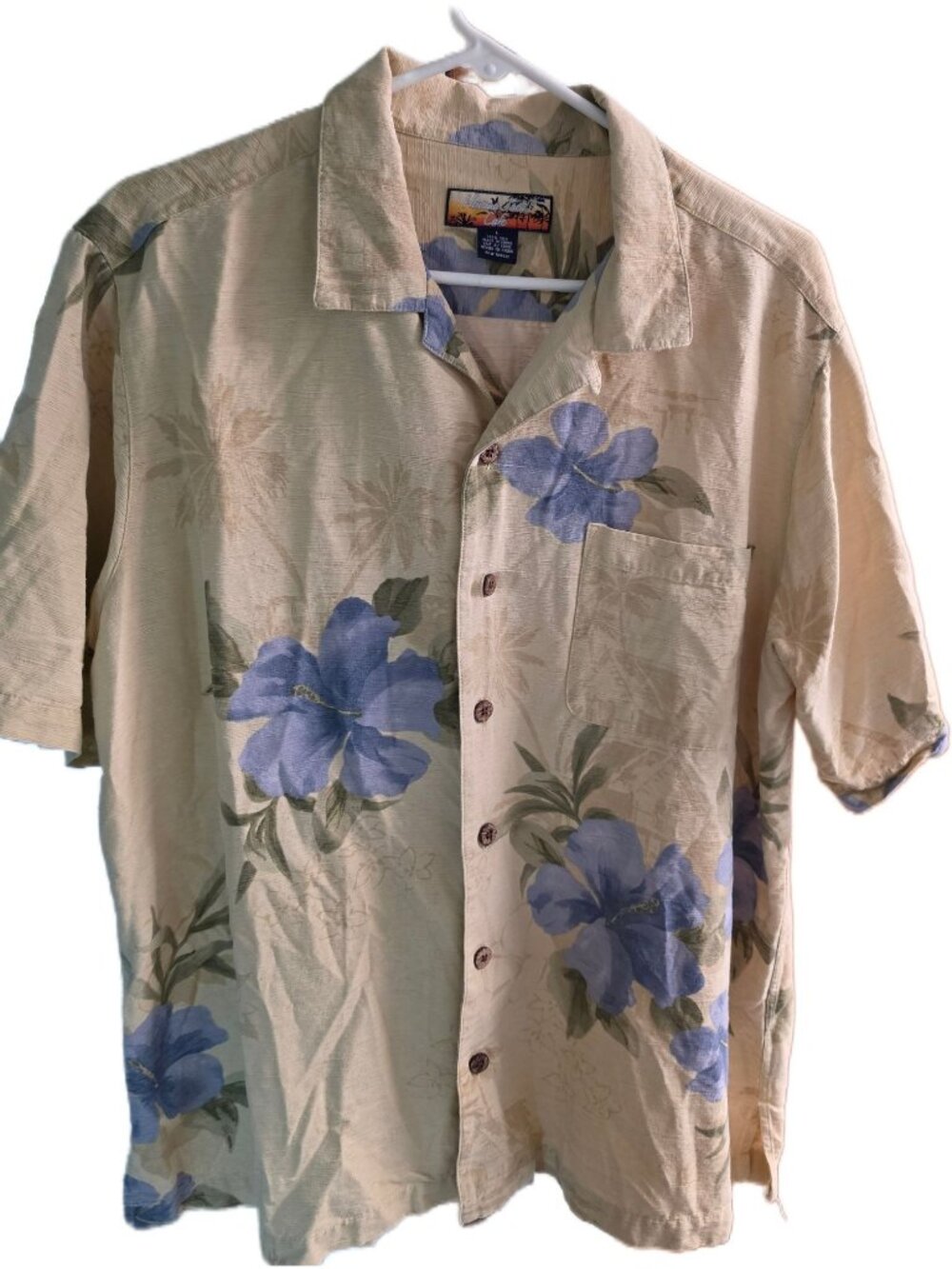 Havana Jack’s Cafe Vintage 100% Silk Hawaiian Shirt Yellow Blue Hibiscus Men L